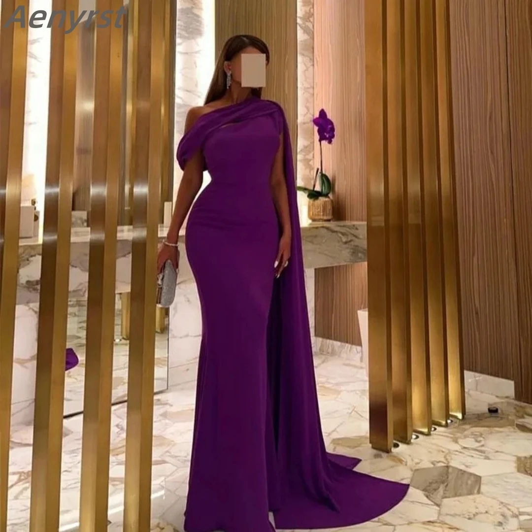 

One Shoulder Purple Prom Dresses With Watteau Train Mermaid Evening Dresses Long Satin Party Gown For Women فستان حفلات الزفاف