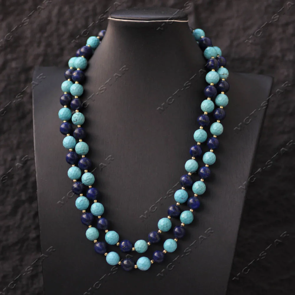 MTCSTAR 2row 20'' 10mm Blue Round Faceted Turquoise Lapis Lazuli Necklace (Z14598)