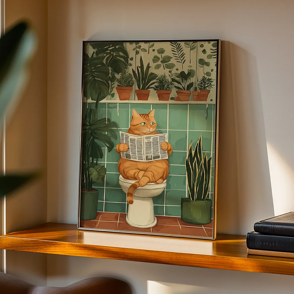Fun Orange Cat Reading Newspaper On Toilet Canvas Poster Wall Art,2D Print Wall Decor,Cute Home Decor For Bathroom Living Room