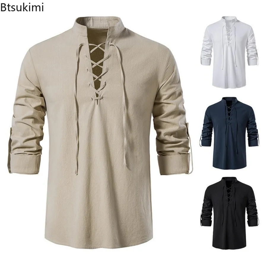 Herren-Piratenhemd, Wikinger, Retro, Renaissance, mittelalterlich, Gothic, viktorianisch, Halloween-Kostüm, lässig, Baumwolle, Leinen, Schnürung, Hippie-Hemden