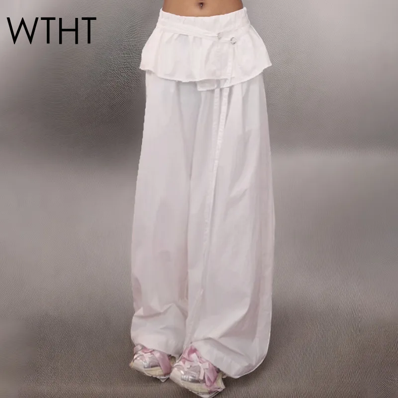 

WTHT Trendy Women's Spliced Ruffled Edge Multilayer Casual Pants 2025 Summer Fashion High Waist Wide Leg Trousers Female 1LS2002