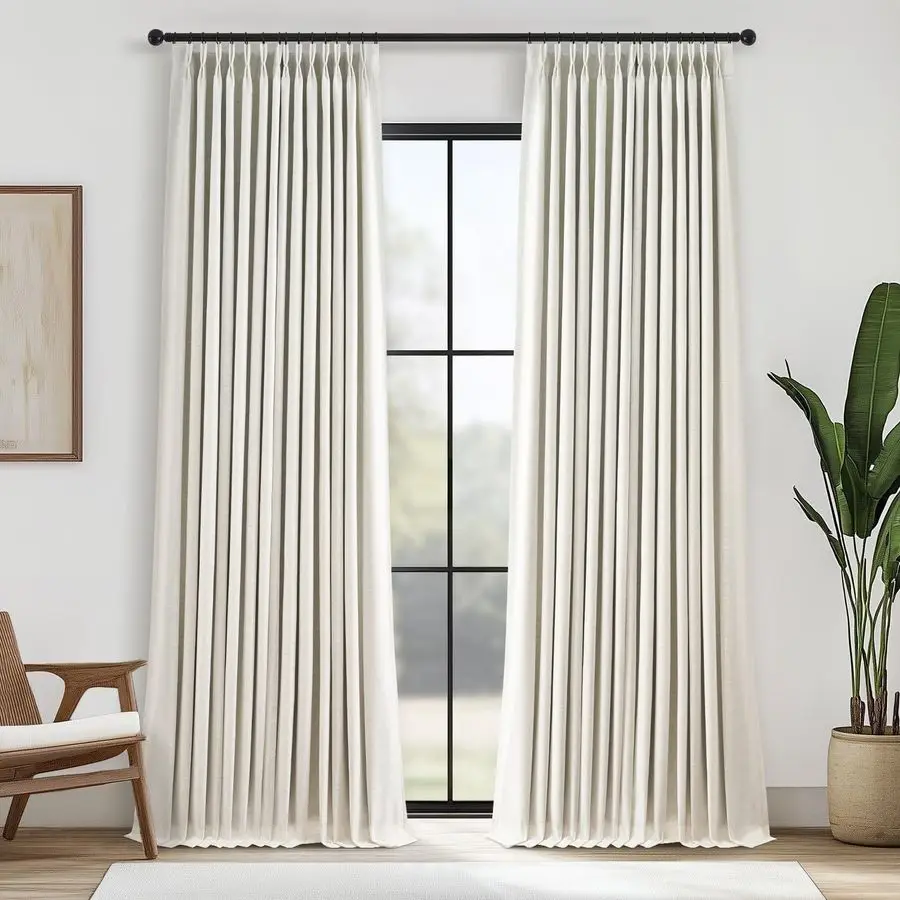 

96 Inches Long Pinch Pleated 100 Blackout Curtains,Thermal Insulated Natural Linen Pinch Pleat Viral Drapes with Hooks Rings 2 P