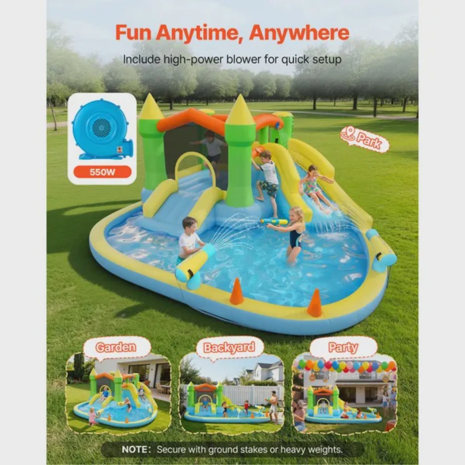 

Inflatable Bounce House 12.5 x 13.1 x 6.5 ft Inflatable Bounce House Water Slide Bouncer Castle with Castle Bounces Basketball Hoop Splash Pool & Water Ring Toss for 3 to 4 Kids Ages 3 to 8