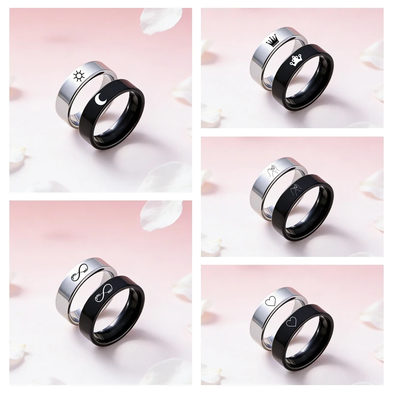 2-teiliges Paarring-Set aus Edelstahl in Schwarz und Silber mit Gravur, Krone, Herz, Unendlichkeitssymbol, Ring-Set, Valentinstagsgeschenk