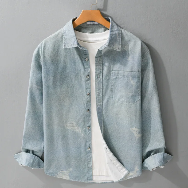 

Spring/Autumn Men's Japanese-style Vintage Long-sleeve Printed Shirt 100% Cotton Casual Loose Fit Minimalist Shirt for Young Men