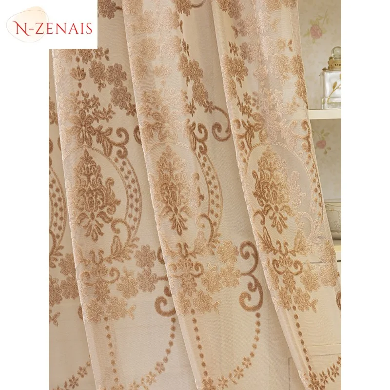 

Custom Size European Style Coffee Color Luxury Embroidered Shading Curtains for Living Dining Room Bedroom White Tulle Elegant