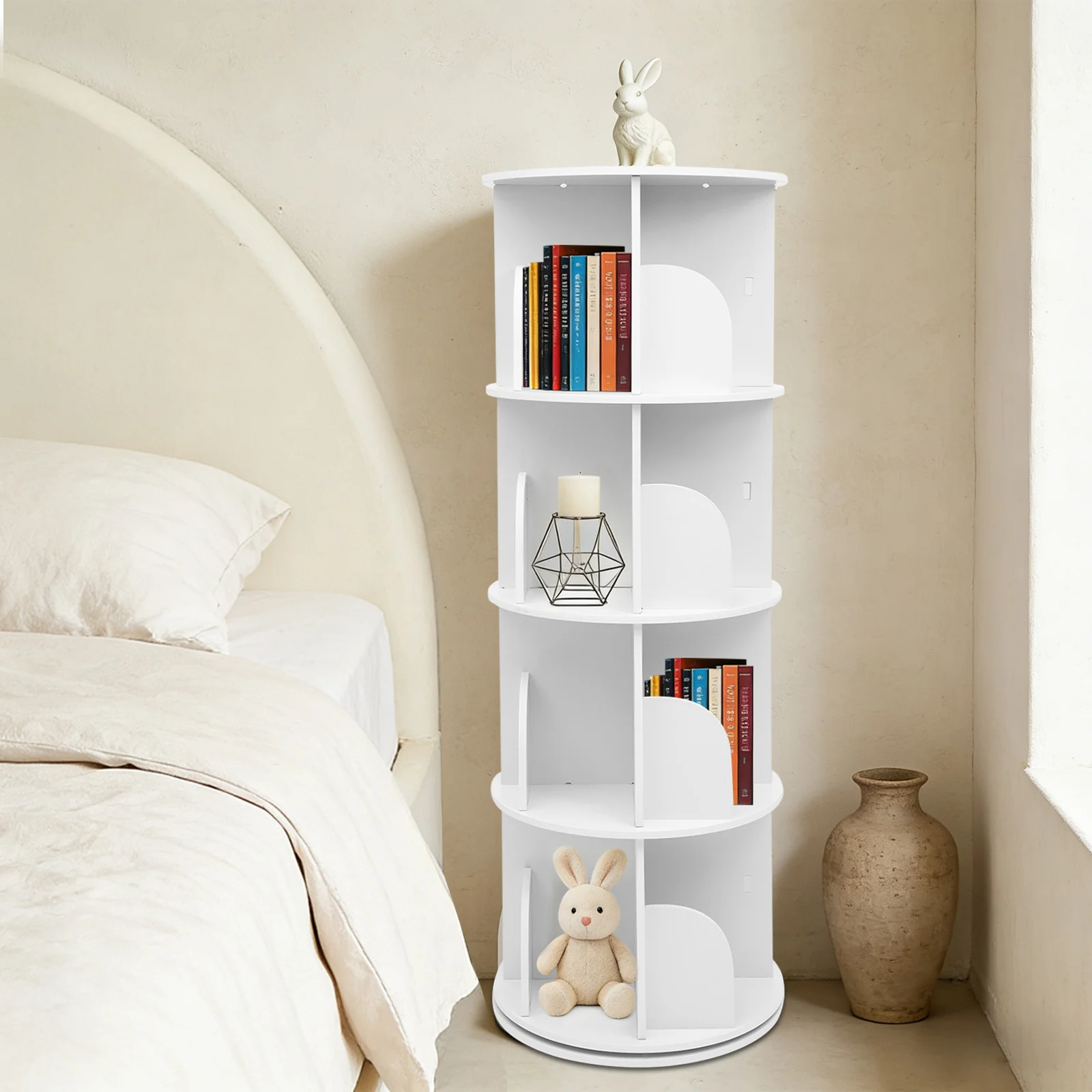 

4-х уровневая вращающаяся книжная полка, грузоподъемность 132,3 фунта, 360° ° Бесшумная вращающаяся доска из ПВХ, регулируемый ярус для хранения игрушек для домашнего офиса