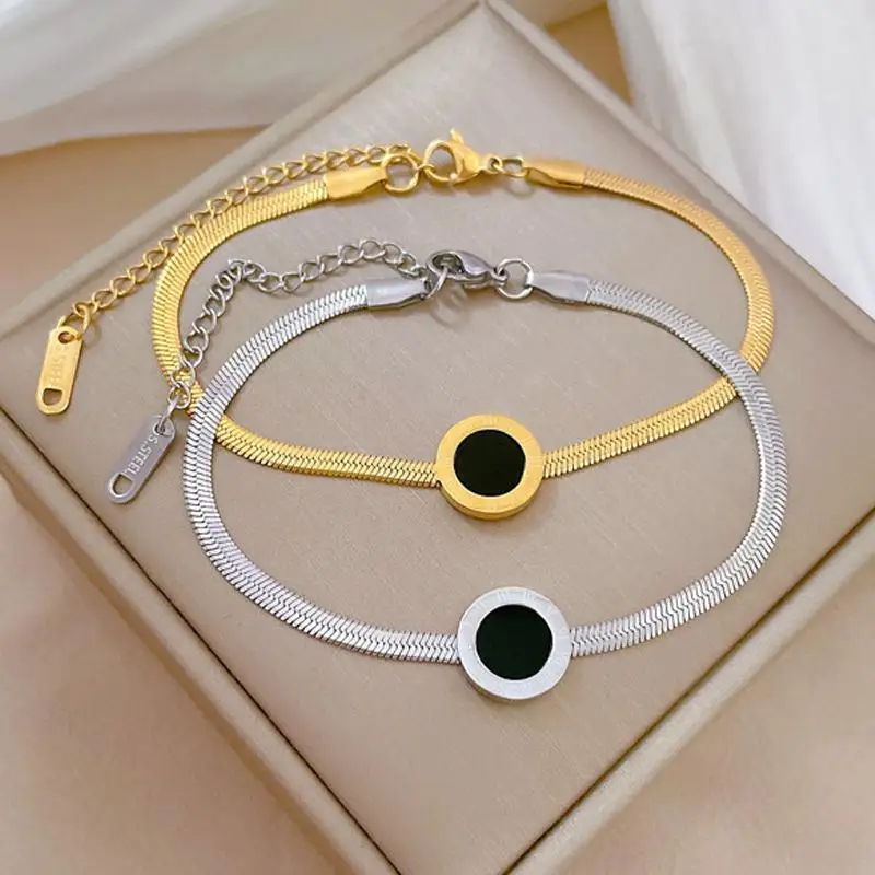 UILZ 316L Stainless Steel Black Shell Round Roman Numerals Bracelet For Women Gold Color Serpentine Chain Bracelet Party Jewelry