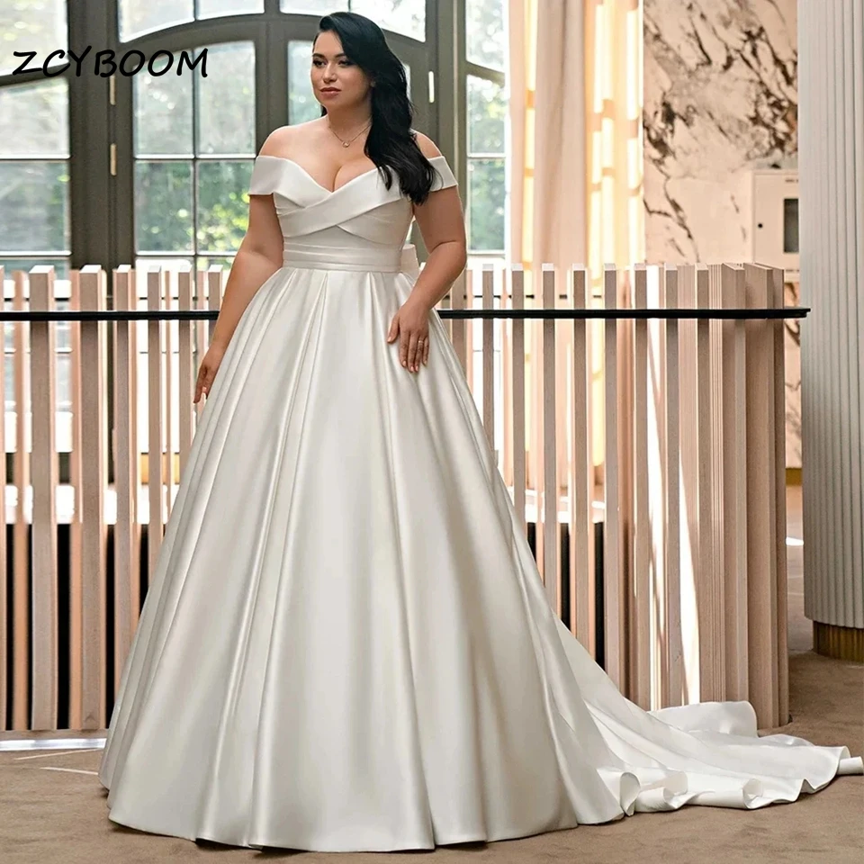 Elegante schulter freie Schleife Satin Ballkleid V-Ausschnitt Brautkleider für Frauen 2024 Gerichts zug Brautkleid Vestidos de Noiva