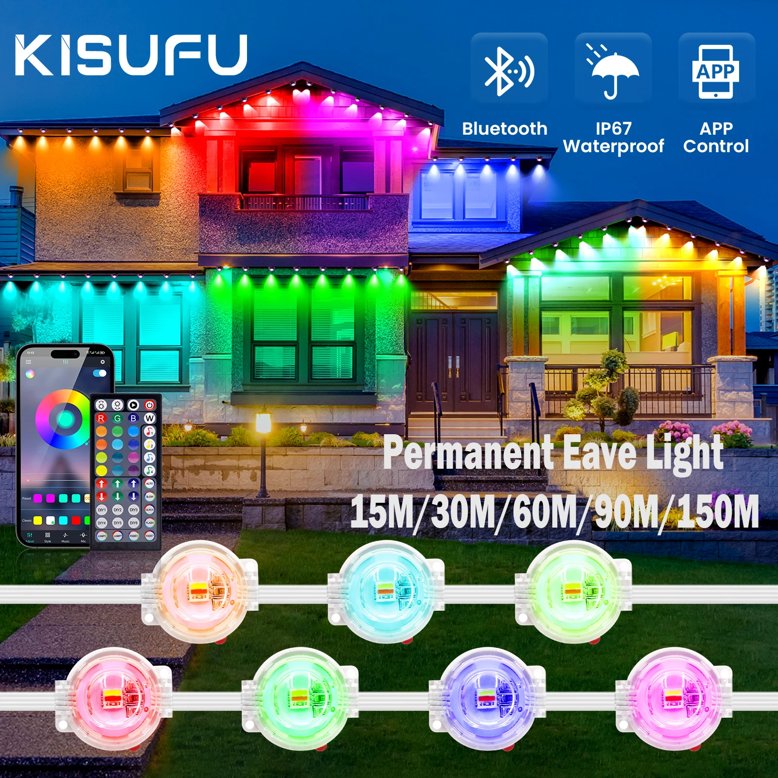 

15/150M RGB Eaves LED Lights Permanent Outdoor Lights Bluetooth APP Kit Full House Eaves Light String Christmas Wedding Lighting
