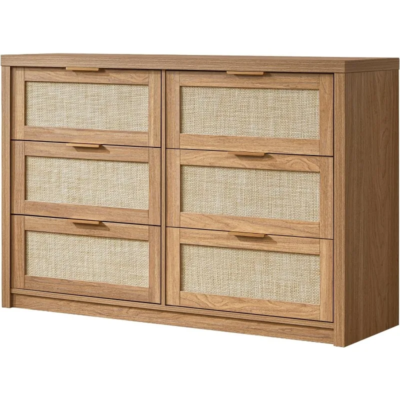 Hampstead Dresser for Bedroom, Rattan 6 Drawer Dresser, Boho Chest of Drawers, Wood Closet Dresser TV Stand for Living