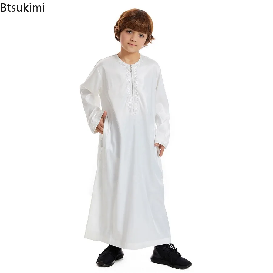 Boys Muslim Robe Middle East Arabic Long Sleeve O-neck Zipper Abayas with Pockets Embroidered Kaftan Kids Islamic Clothing Dress