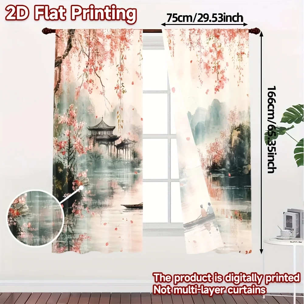 Exquisite Chinese Spring Blossom Landscape Curtains Digital Print Pagoda Scene Window Treatment Home Decor Drape