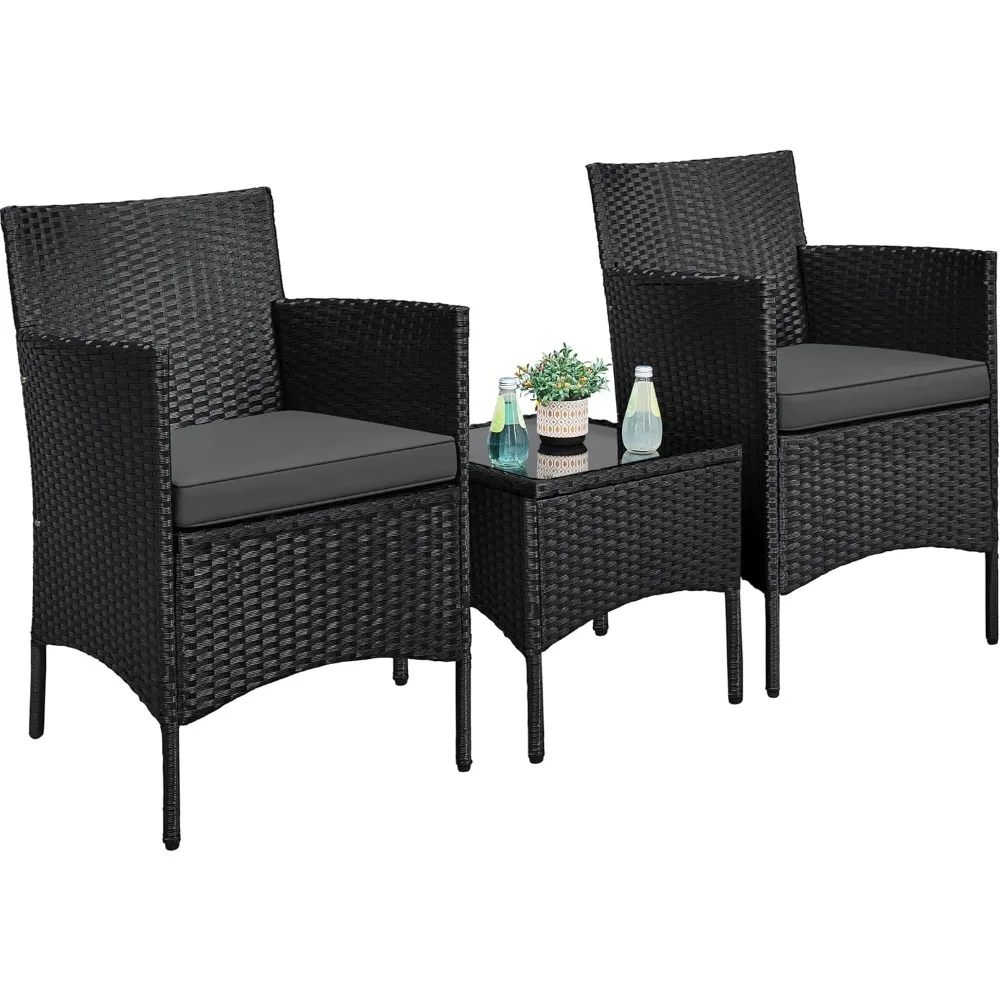 

3 Pieces Patio Porch Furniture Set, Outdoor PE Rattan Wicker Conversation Set with Soft Cushions, Glass Coffee Table & 2 Chairs