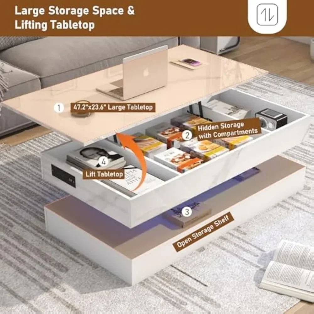 Mesa de centro grande con tapa elevable de 47,2 pulgadas con estación de carga, mesa central moderna LED de alto brillo con compartimento oculto de almacenamiento