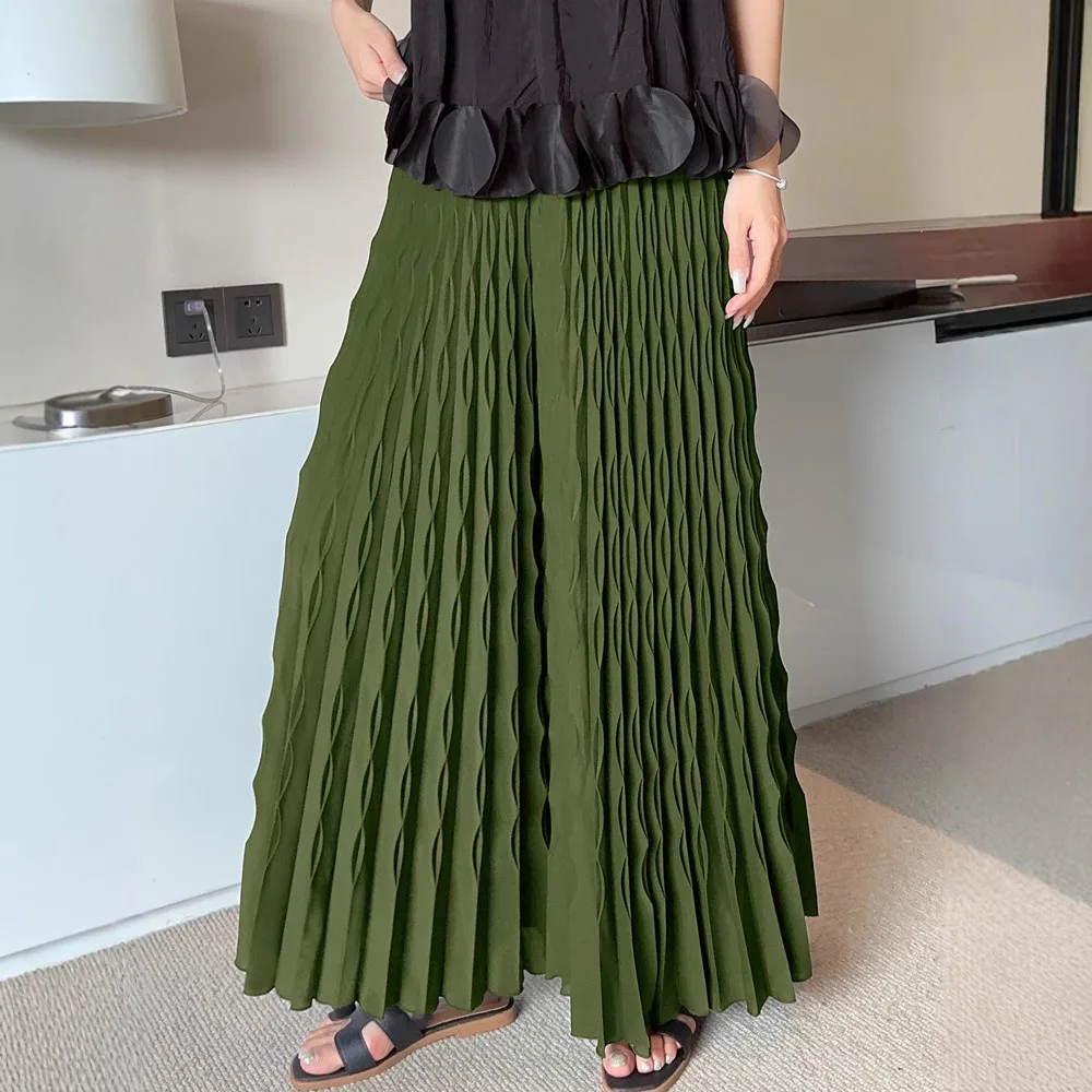 Miyake 2025 Pleated New Solid Color Elastic Waist Folded Wide Leg Pants Women's Fashion Pleated Temperament Elastic Loose Pants