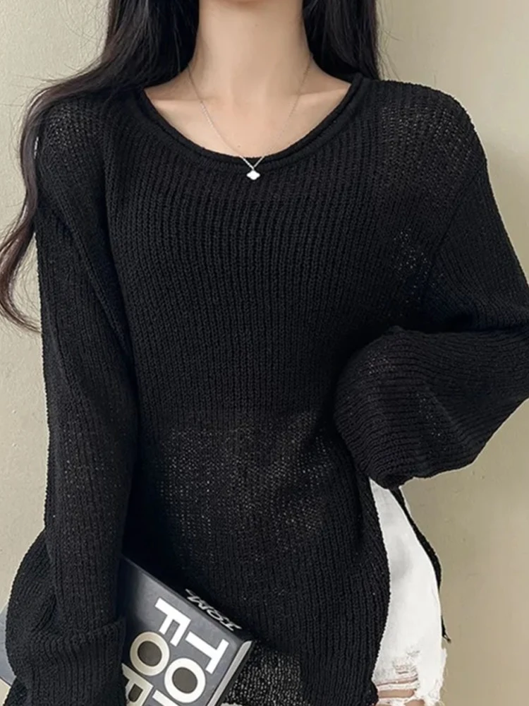 Zonbescherming Lange Sve Ijs Zijde Gebreide Top Dames Dun Ontwerp Koreaanse Losse V-hals Uitgeholde Zoom Split Cover up irt