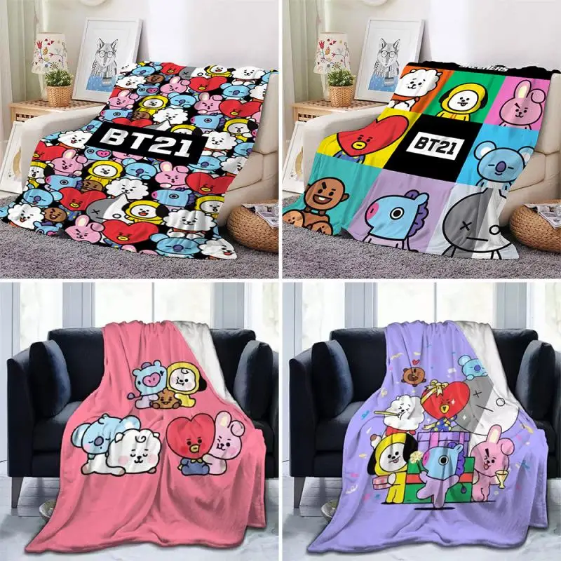 Kawaii Bt21 Blanket Cartoon Home Lightweight Flannel Soft Warm Throw Blanket Suitable for Bed Sofa Travel Camping Office Chair