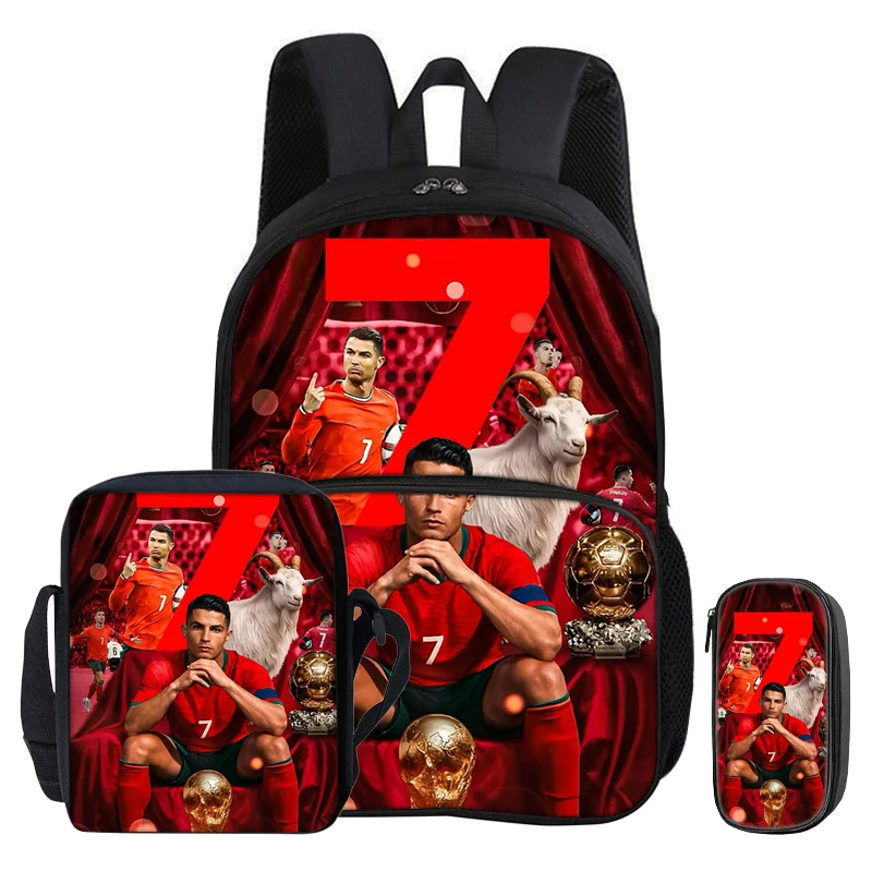 Football Sport with Front Pocket Backpack Ronaldo 3Pcs Set School Bags Rucksack Student Shoulder Bag CR Football Star Pencil Bag