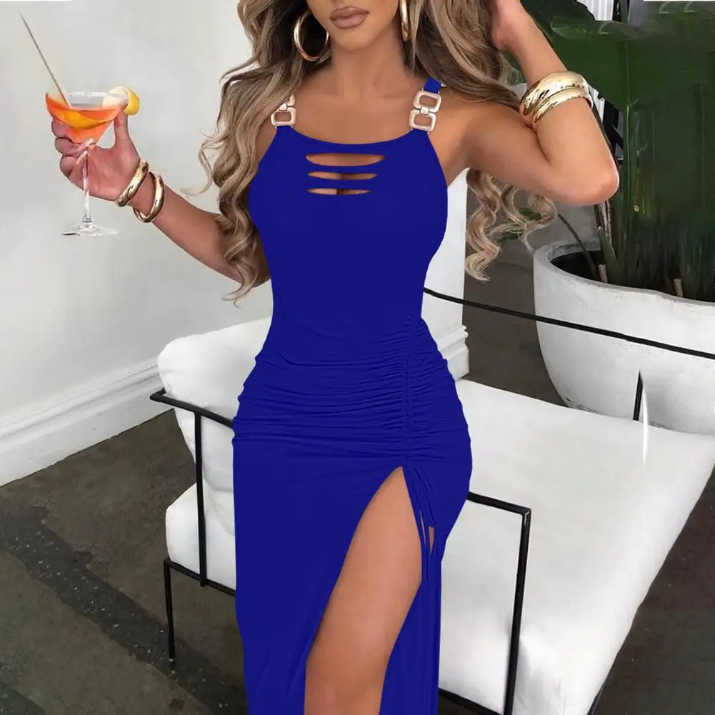 

Hollow Out Midi Dress Stylish Women's Backless Midi Dress with Metal Chain Decor for Party Club Vacation Beach Women Dress