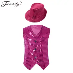 Teens Jazz Dance Vests Tops Children Kids Boys Girls Sleeveless V Neck Sequined Vest with Hat Set for Stage Performance Costumes