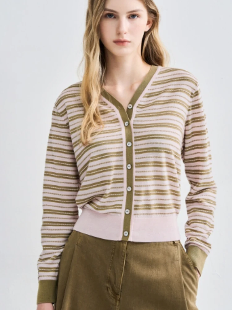

Comfortable Knitted Casual Striped Color Blo V-Ne Long Sve Women's Open Cardigan Cotton Commute Sle Faionable Autu...