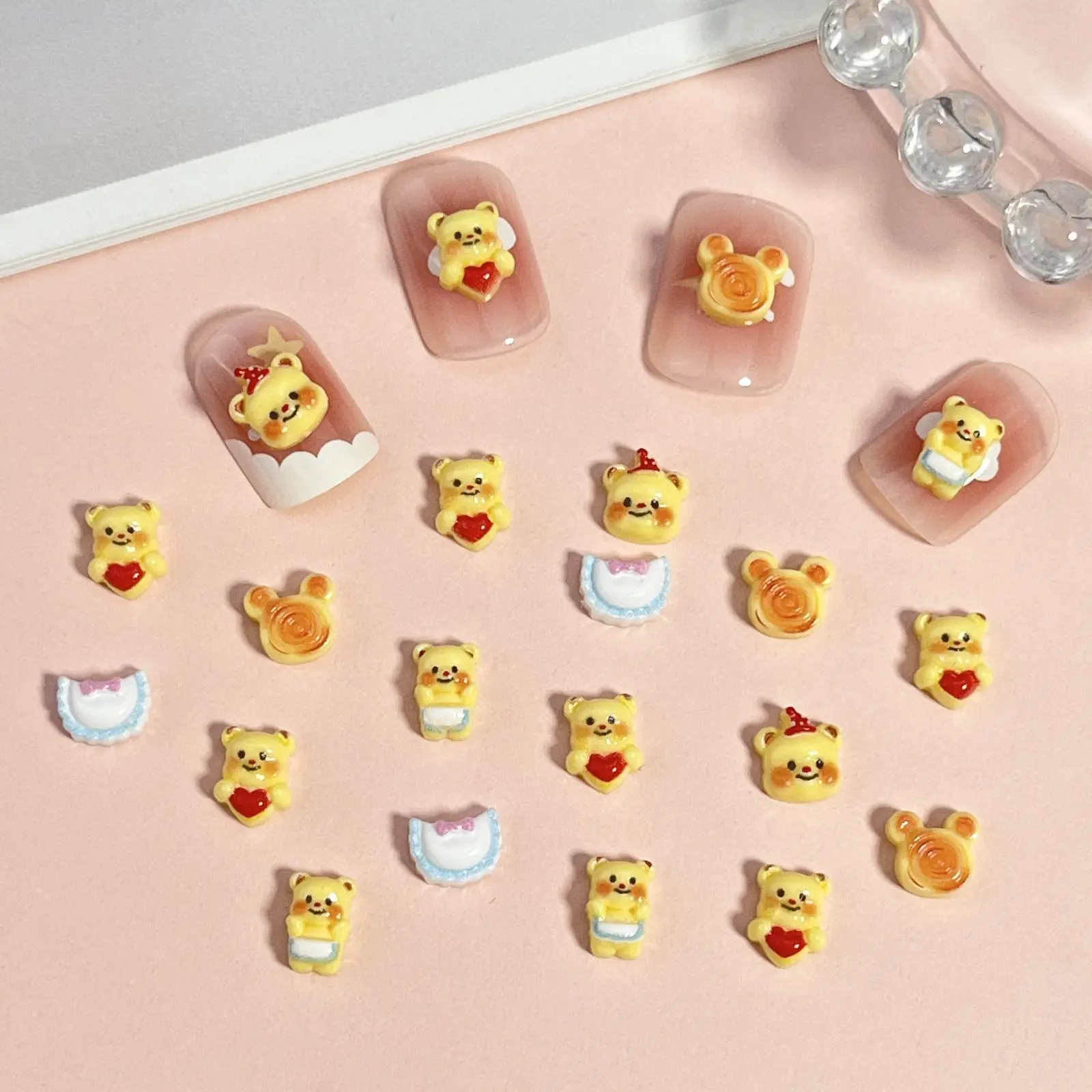 20pcs Kawaii Teddy Bear Cartoon Nail Art Accessories 2Sizes Cute 3D Love Angel Bear Nail Charms Mixed Parts DIY Nails Decoration