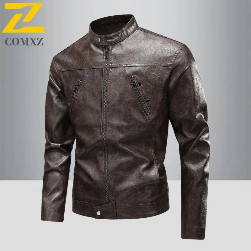 2025 PU Leather Jacket Men Winter Retro Motorcycle Faux Leather Jackets Stand Collar Windbreaker Ropa De Hombre Slim Biker Coat