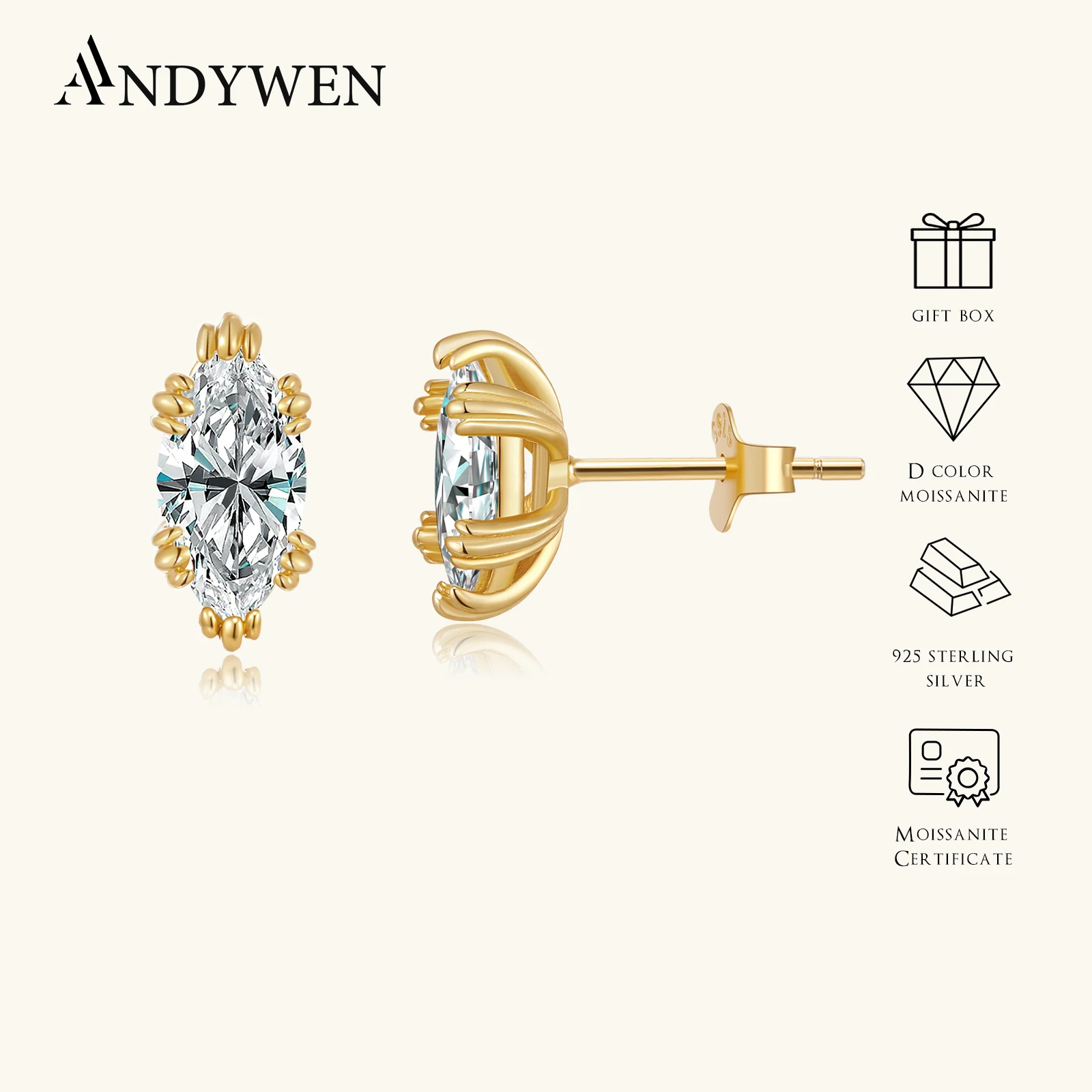 

ANDYWEN D Color VVS1 Women 925 Silver 0.52CT×2 MarquIse Cut Moissanite Stud Earrings 2026 Delicate Women Wedding Jewelry Gift