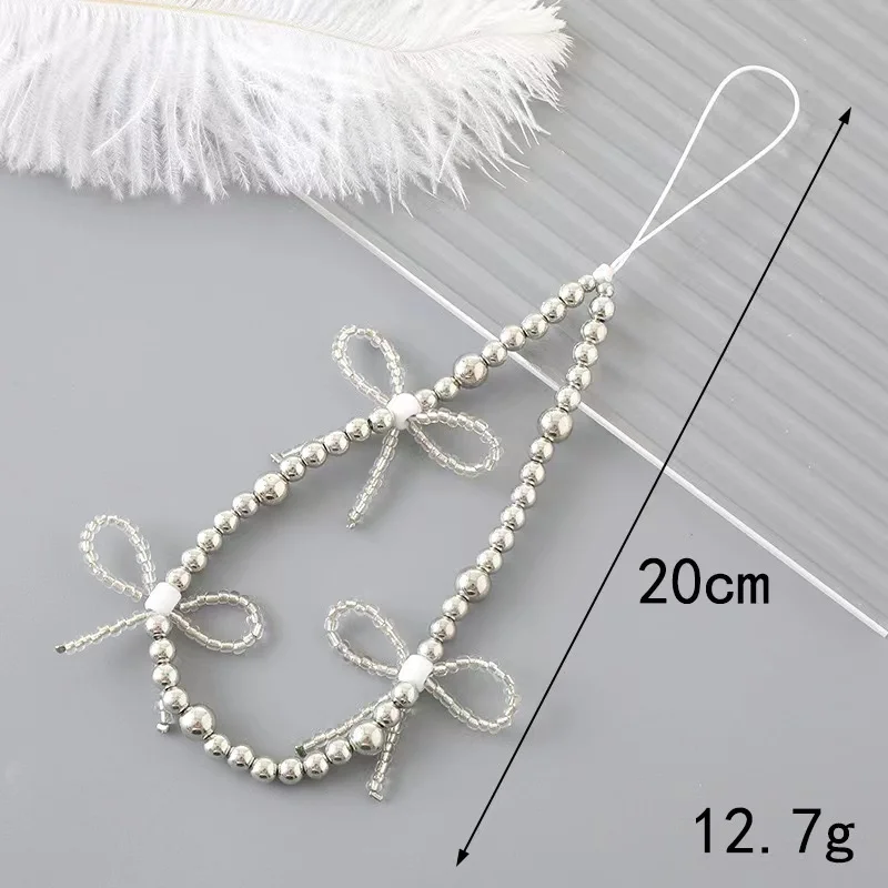 Korean Cute Pink Bow Pearl Pendant Beaded Phone Charm For iPhone Accessories Lanyard Woman Girl Jewelry Strap Strap