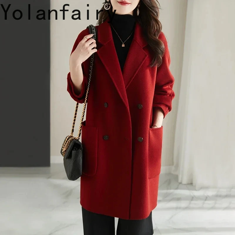 

100% Wool Jackets for Women 2024 Fall Winter Elegant Double-sided Woolen Coat Medium Fashion Double-breasted Jacket Suit Collar