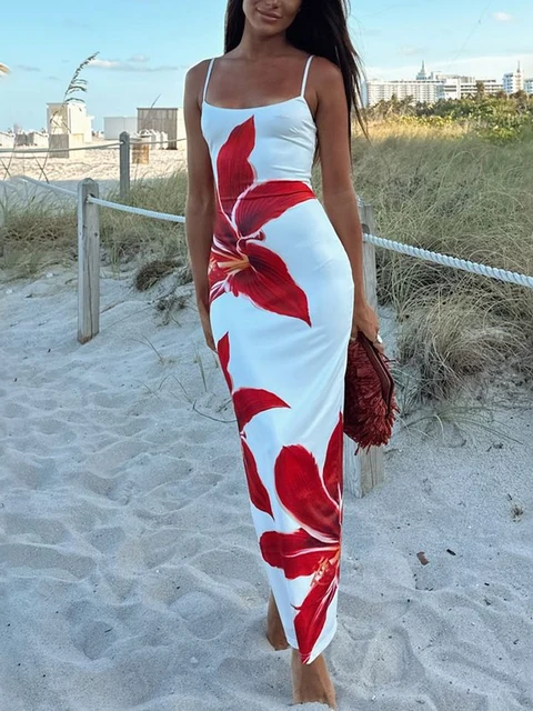 Tossy Summer Printed Maxi Dress For Women Backless Fashion Slim High Waist Spaghetti Dress Holiday Patchwork Kobieca długa sukienka
