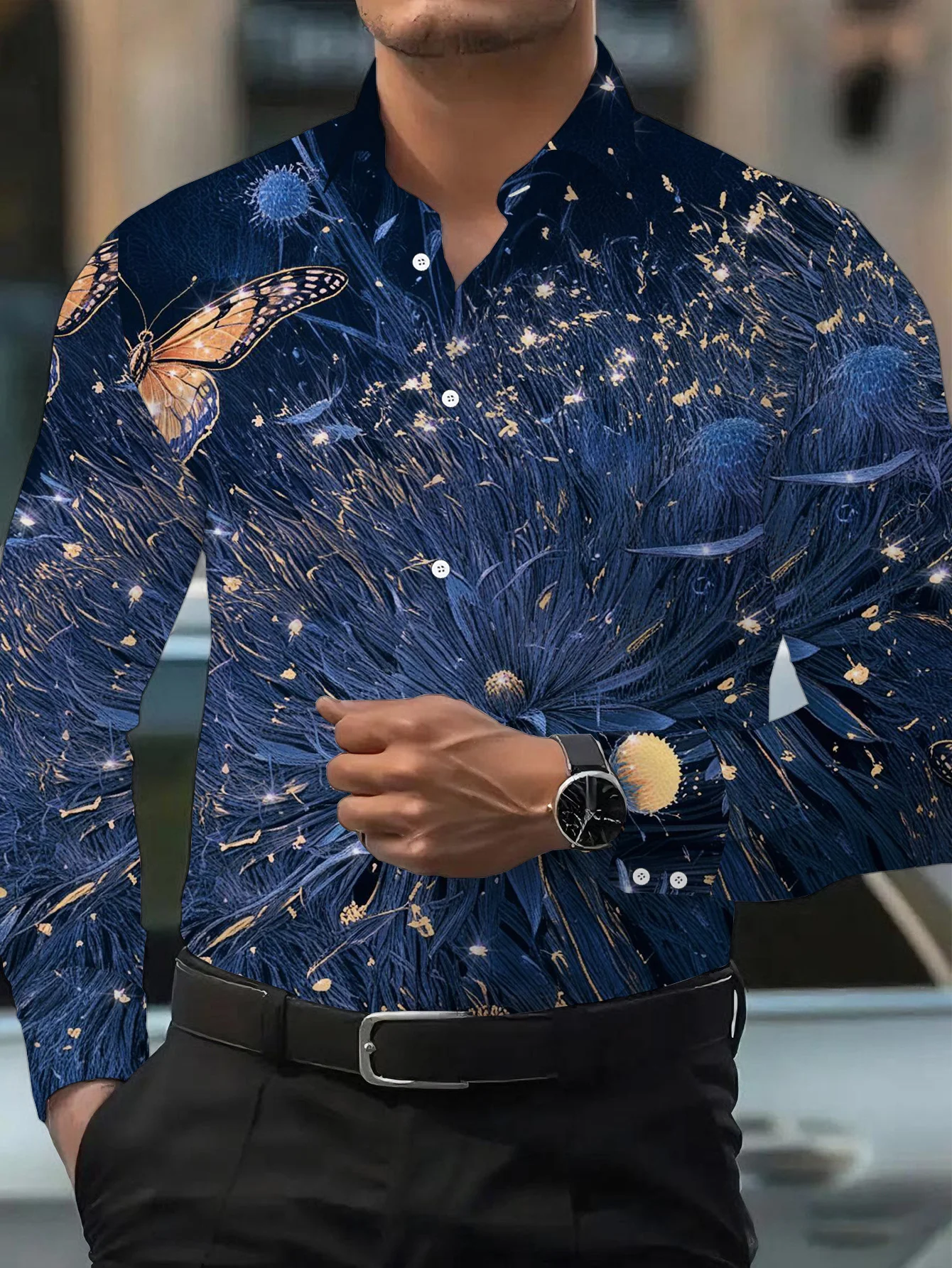 Men Long‑Sleeve Button‑Down Shirt Dark‑Blue Golden Butterfly Floral Star Print Polyester Lapel Collar Party