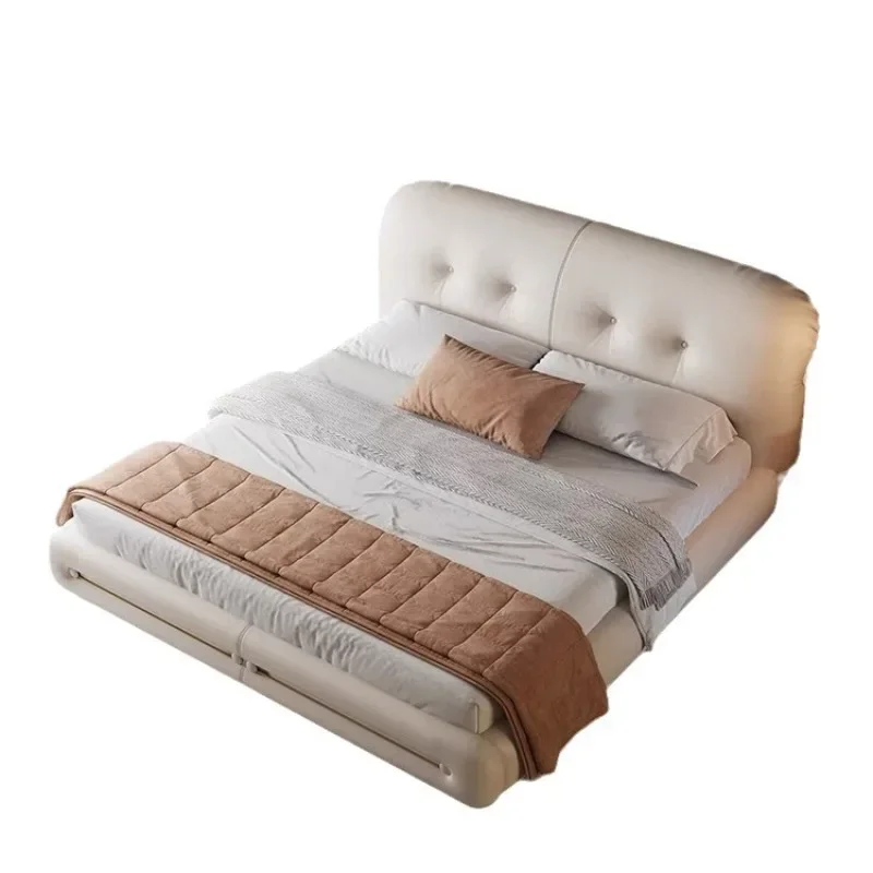 

Modern simple light luxury leather bed cream wind cloud down big bag double bed