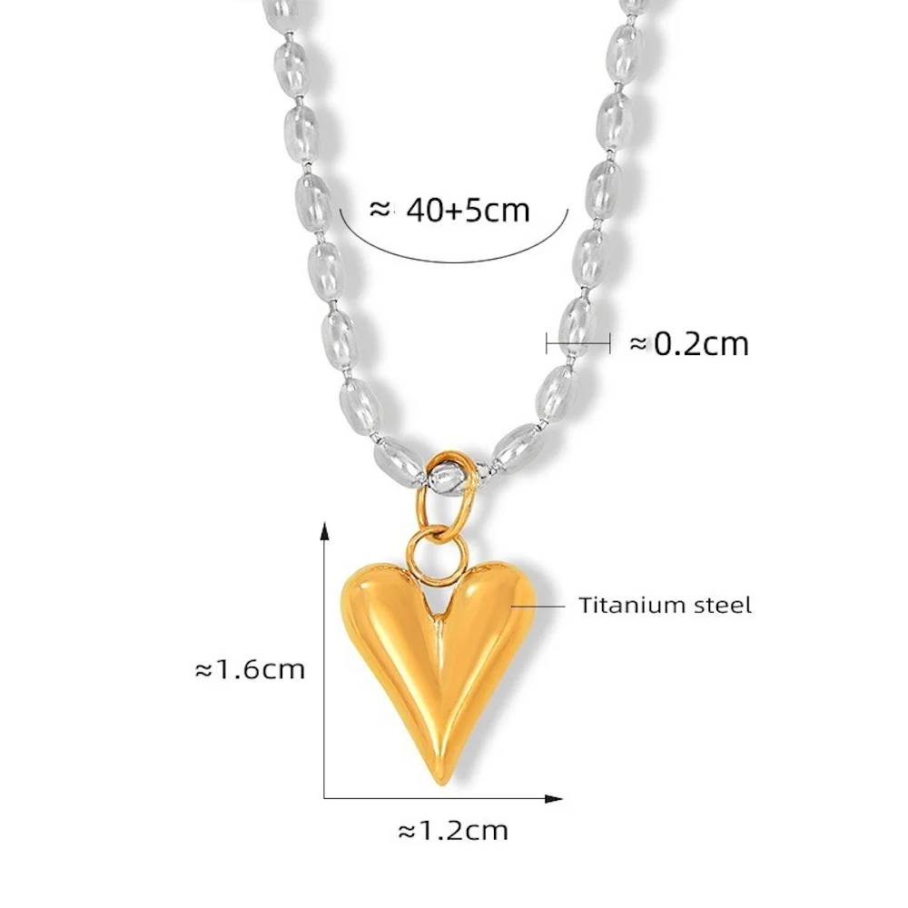 Retro Silberfarbene Edelstahl-Perlenkette, 18k Goldfarben plattiert, mit Liebes-Titanstahl-Anhänger für Damen – Detail 5