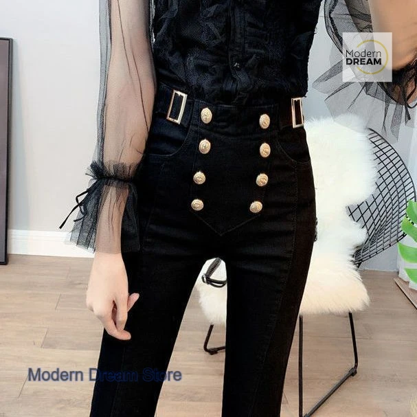 

Korean women wearing leggings in autumn and winter new high waist double-breasted casual pants elastic nine pencil pants.