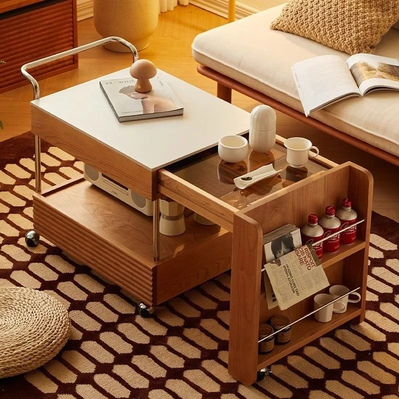 

Solid wood mobile small table coffee table household tea cabinet small apartment sofa side few surrounding stove to make tea