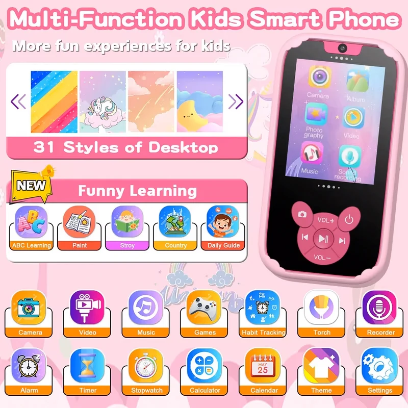 Teléfono inteligente para niños, juguetes educativos, cámara Dual, reproductor de música, teléfono para bebé con memoria de 8G, juego de aprendizaje para edades de 3 a 12 años, regalos de cumpleaños