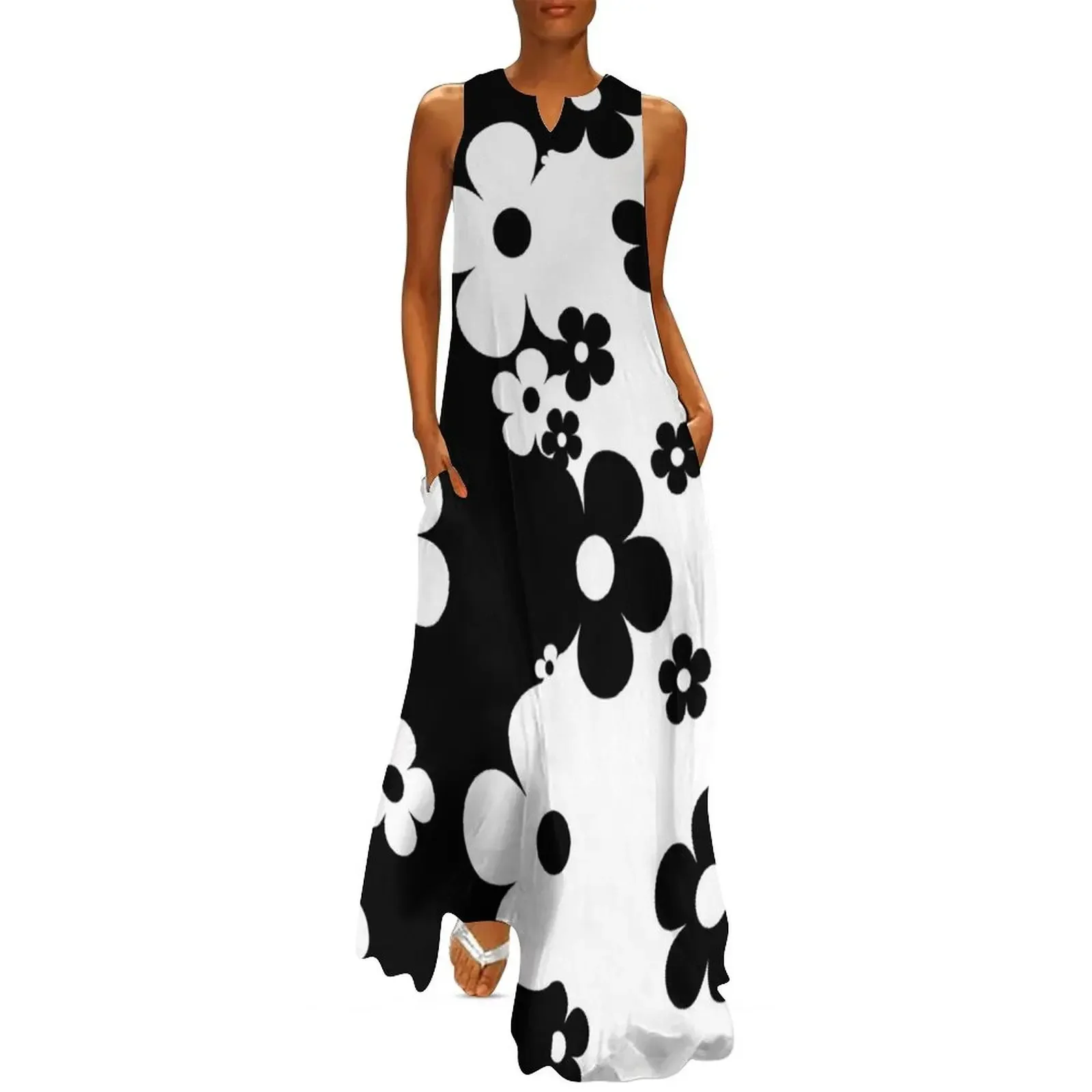 

60's Retro Pop Small Flowers in Black and White Long Dress women's summer dress 2025 ladies dresses for special occasion Dress