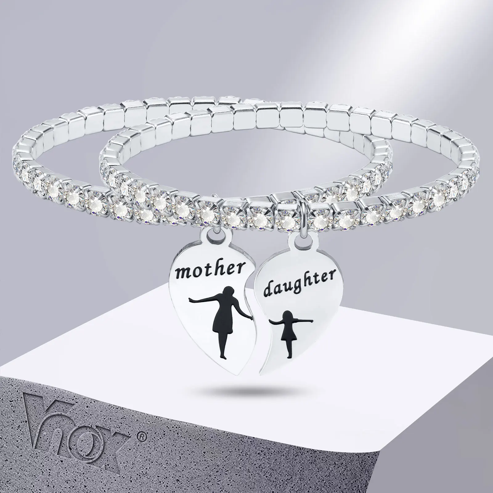 

Vnox Sparkling Mom Daughter Heart Charm Couple Bracelets for Women, AAA CZ Stone Chain Wristband Jewelry, Mother's Day Gift