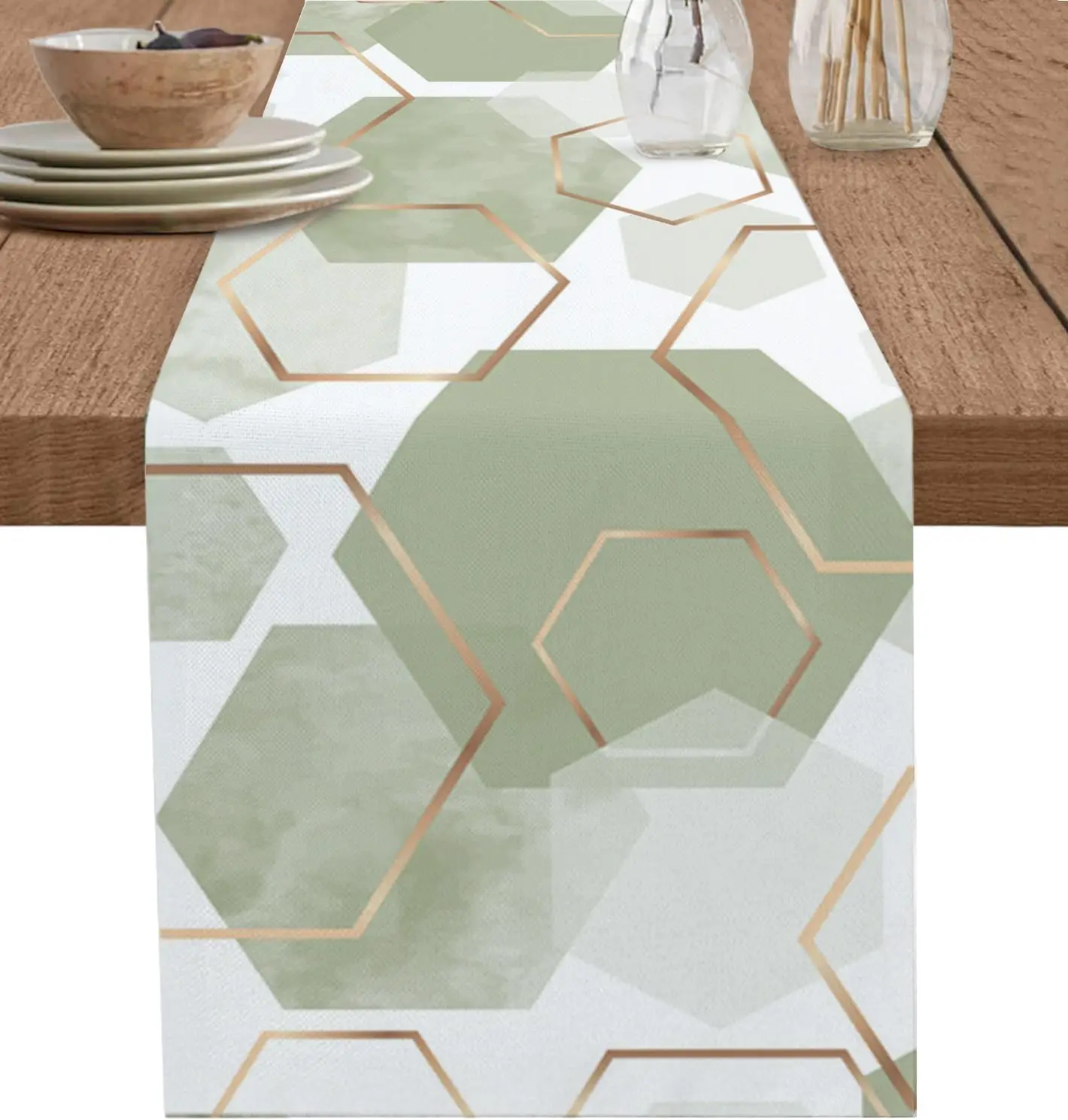 Sage Green Geometric Abstract Minimalist Gold White Linen Table Runners Home Decor Durable Dining Table Runners Party Supplies