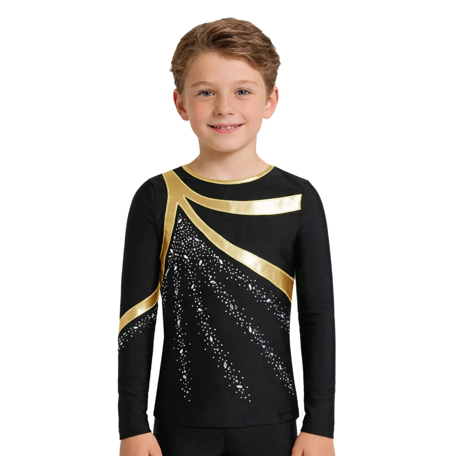 

Kids Boys Figure Skating Gymnastics Ballet Shirts for Performance Costume Long Sleeve Metallic Patchwork Rhinestones Dance Top