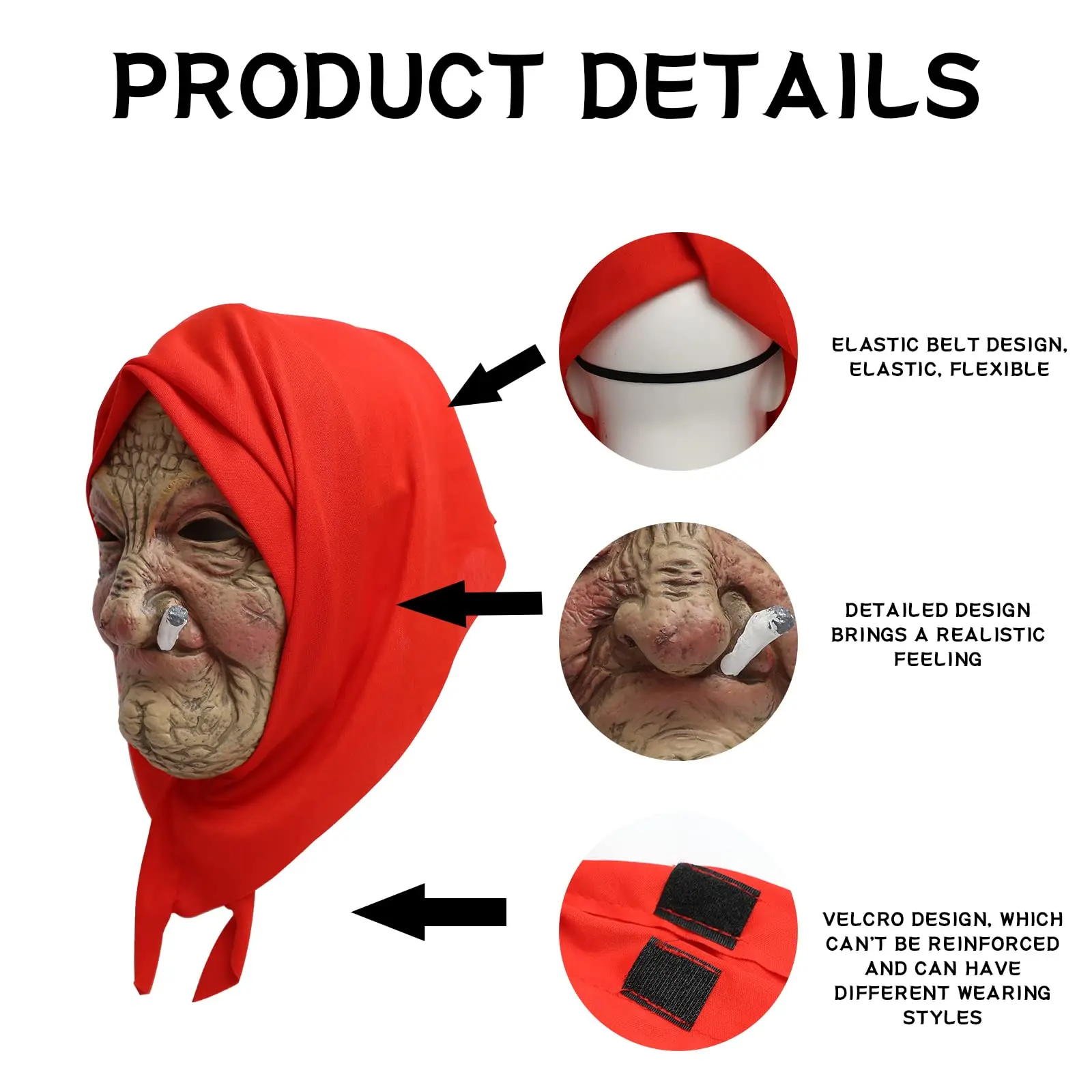 หน้ากากหญิงชรา หน้ากากฮาโลวีนสุดหลอน หน้ากากคุณยายควันบุหรี่ หน้ากากเหมือนจริง หน้ากากผู้หญิงชราหน้าริ้ว หน้ากากยางคลุมศีรษะสำหรับคอสเพลย์