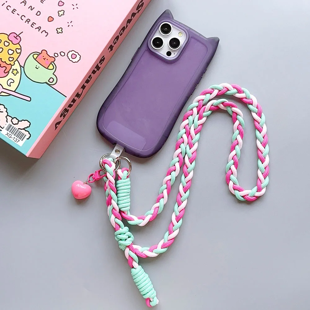 Heart Crossbody Phone Strap Neck Band Colorful Metal Clasp Key Braided Chain For T-Card Anti-lost Detachable Adjustable Lanyard