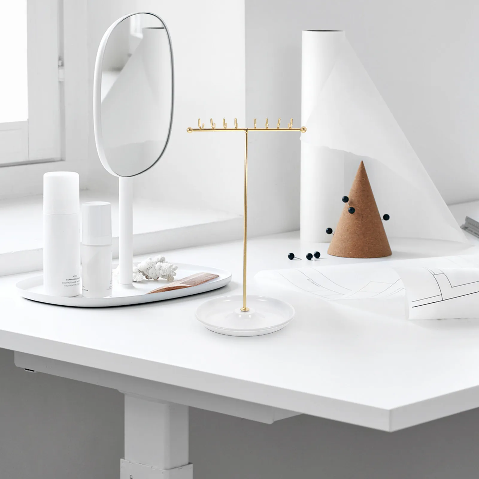 T Shaped Necklace Organizer Stand Minimalist Jewelry Display Tray Space Saving Holder for Necklaces Earrings Rings Vanity Home