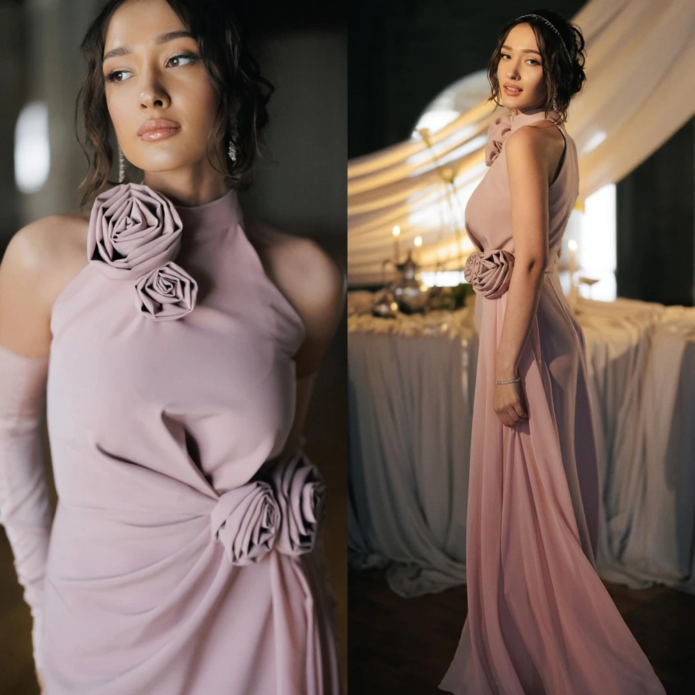 

Customized Jersey Draped Flower Clubbing A-line High Collar Bespoke Occasion Gown Long Dresses