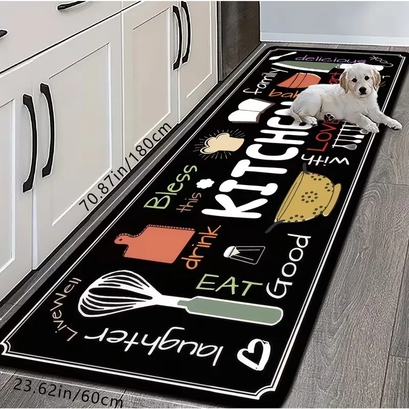 VIKAMA American-Style Kitchen Floor Mat, Fun Slogan Long Strip Carpet, Anti-Slip And Easy-To-Clean Home Decoration Carpet