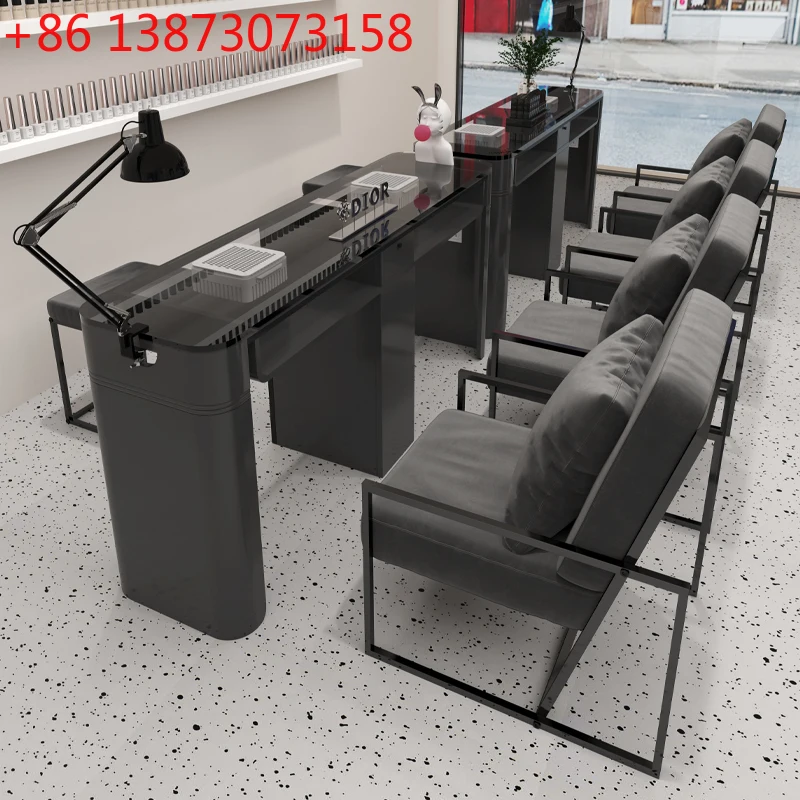 

Tempered glass manicure table and chair set with vacuum cleaner, simple light luxury manicure shop, black manicure table