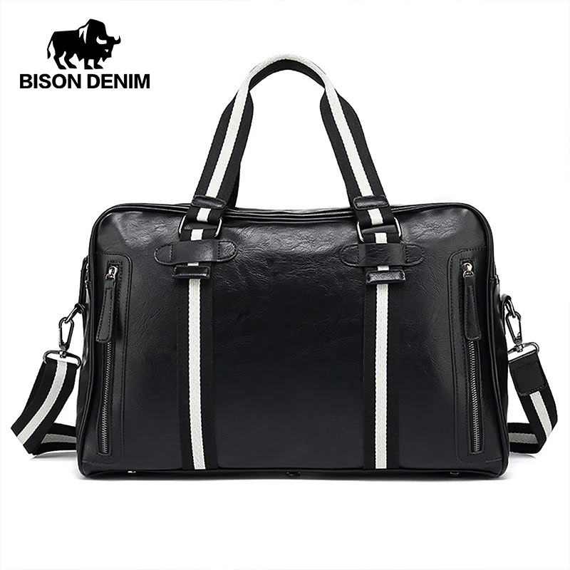 BISON DENIM Leather Travel Bag Large Capacity Duffle Fitness Bags Handbag Shoulder Bags Women Men Business Carry-on Luggage Bag