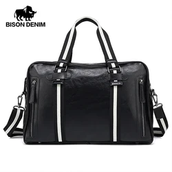 BISON DENIM Leather Travel Bag Large Capacity Duffle Fitness Bags Handbag Shoulder Bags Women Men Business Carry-on Luggage Bag